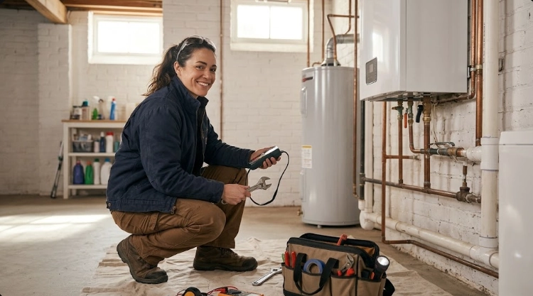 Licensed plumbing technician inspecting threaded black iron gas piping with an electronic combustible gas detector in Woodside Queens
