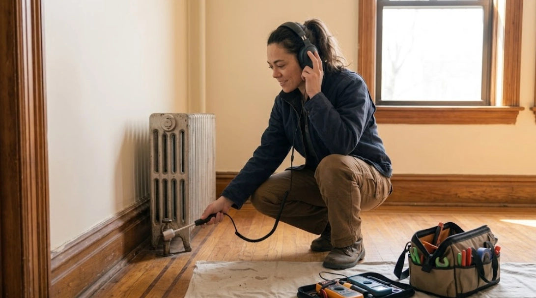 Plumbing specialist using electronic acoustic detection equipment to trace a hidden pipe leak behind a wall in Woodside Queens