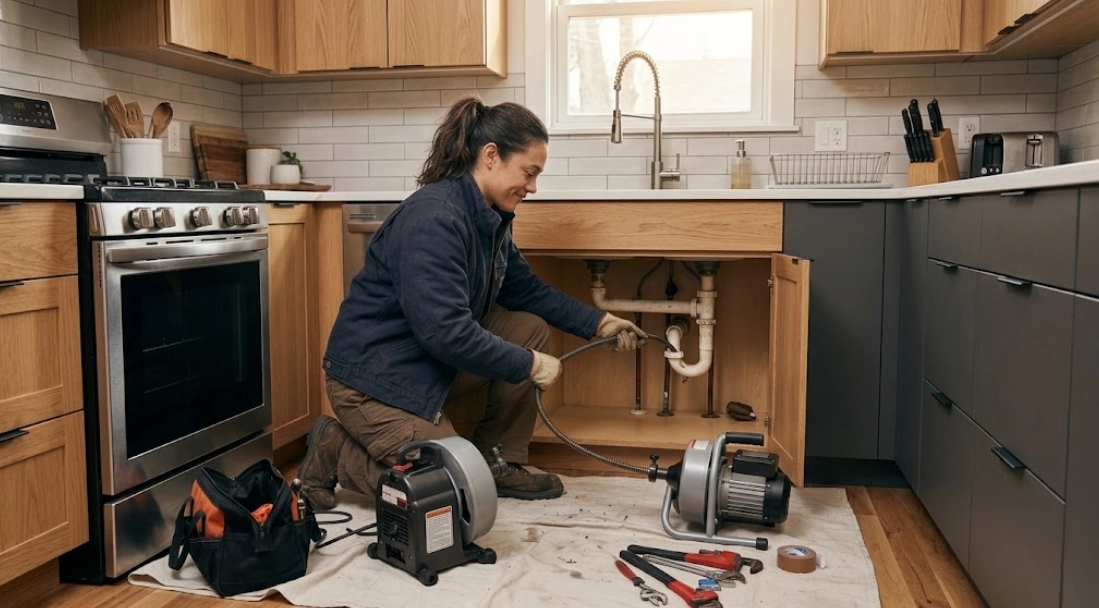 Plumber clearing a grease-clogged kitchen sink drain line using professional motorized cable equipment in Woodside Queens