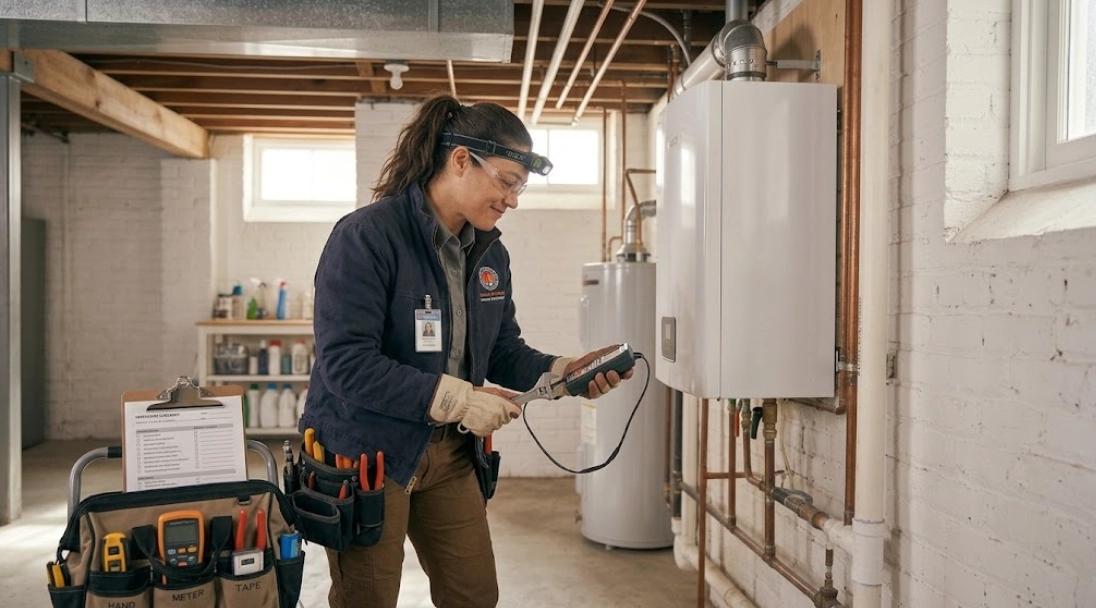 Experienced technician performing electrical and pressure diagnostics on a central boiler system in a Woodside Queens basement
