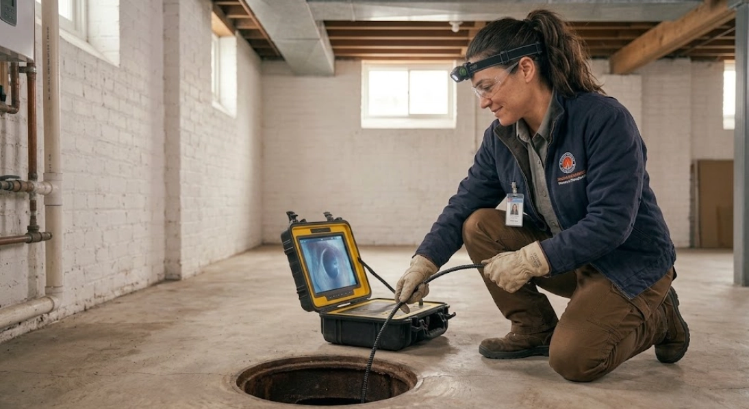 Plumbing technician feeding a video sewer camera probe into a cleanout pipe in Woodside Queens