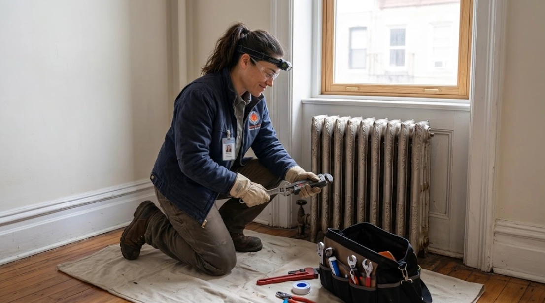 Plumber replacing a leaking steam radiator air vent valve on a cast-iron radiator in Woodside Queens