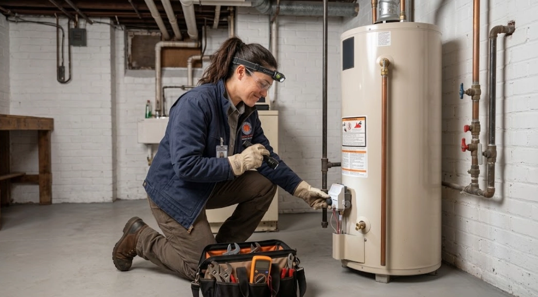 Plumber testing gas burner controls and temperature relief valves on a water heater in Woodside Queens